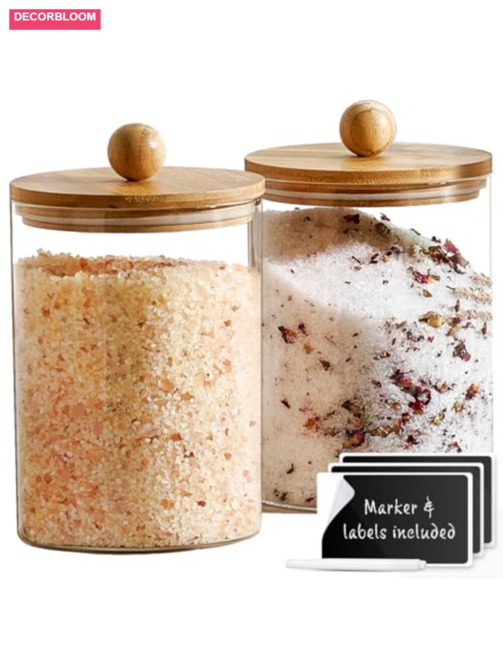 Set of 2 Glass Canisters with Airtight Bamboo Lids, Marker & Labels - 68oz